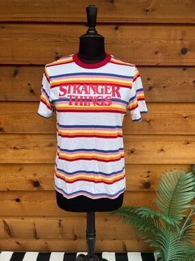 Stranger Things Retro Striped Tee - Red, Yellow, Blue Stripes